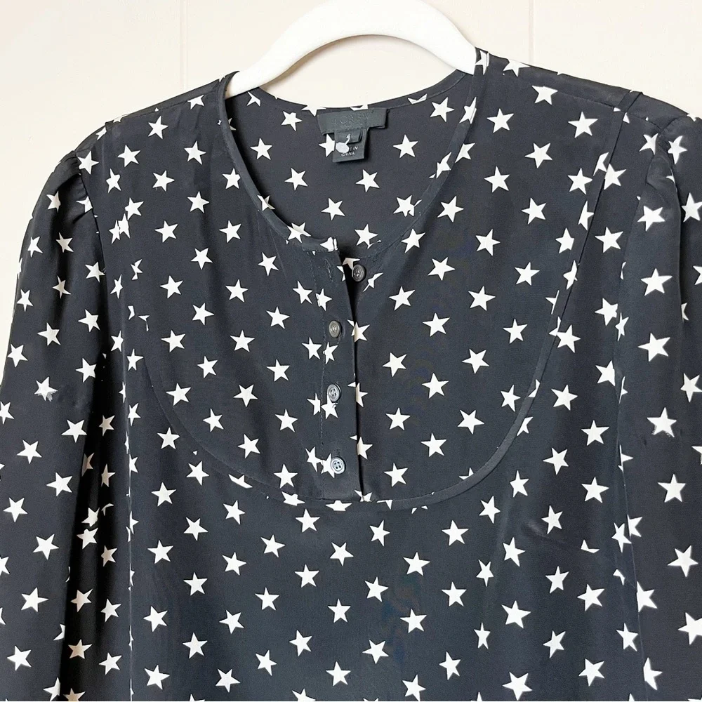 J. Crew 100% silk star print dress 4 S black white‎ neutral long sleeve shift